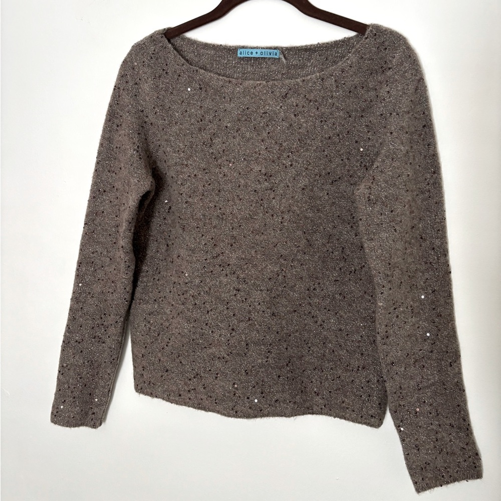 Alice+Olivia boatneck brown sequin and sparkle small sweater